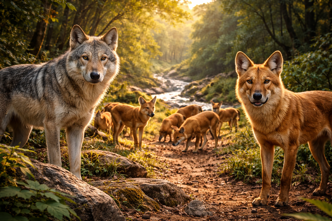 Interaksi Langka antara Serigala Abu dan Anjing Liar Asia di India